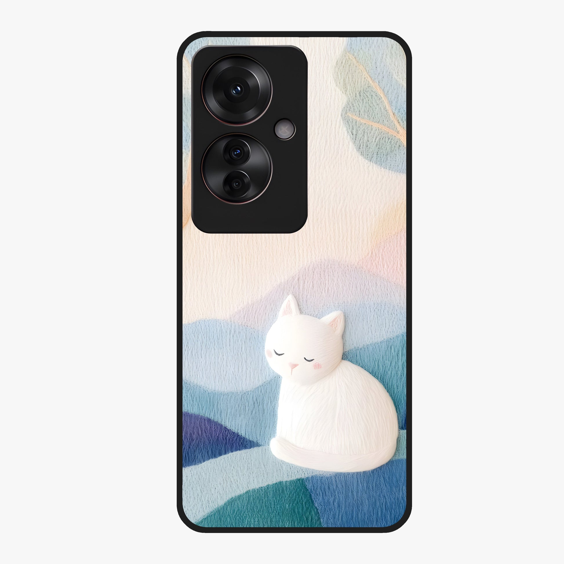 Cotton Dream Cat Glass Case showing flat back view with soft dreamy cat artwork and glossy glass finish.