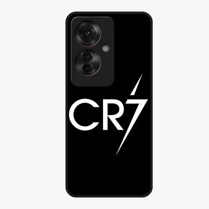 Cr7 Elite Strike Glass Case showing flat back view with dynamic football inspired artwork and glossy glass finish.