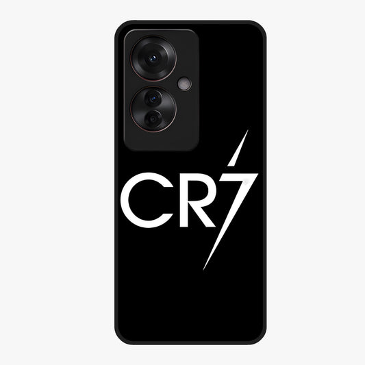 Cr7 Elite Strike Glass Case showing flat back view with dynamic football inspired artwork and glossy glass finish.
