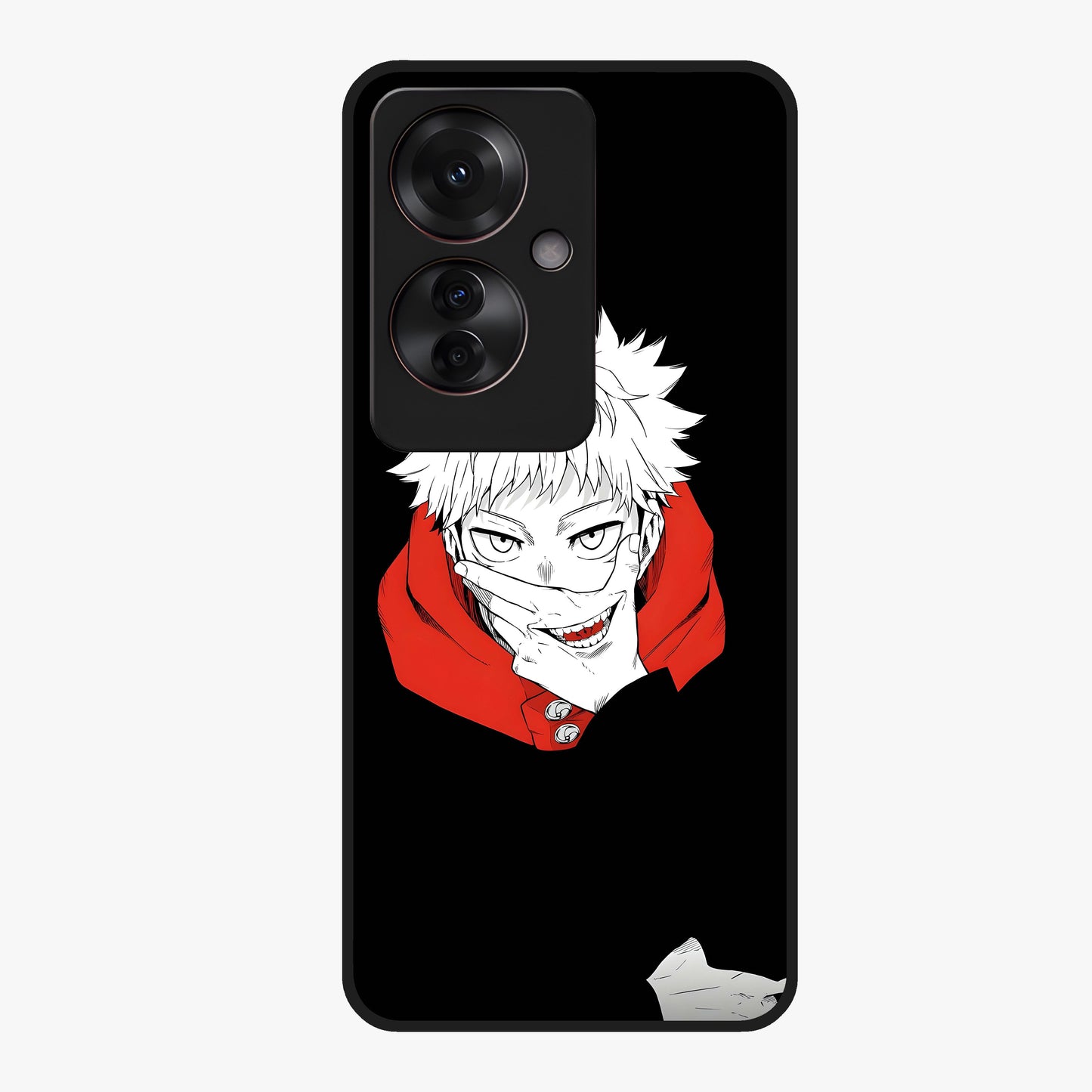 Crimson Chaos Smile Glass Case showing flat back view with bold chaotic smile artwork and glossy glass finish.