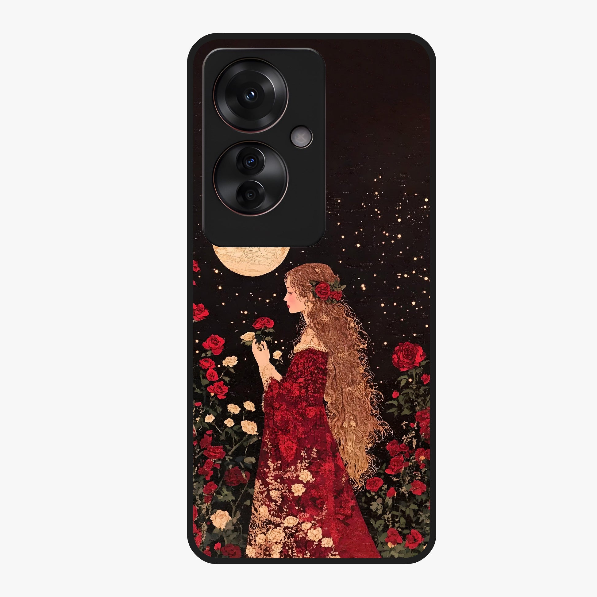 Crimson Dreams Glass Case showing flat back view with dreamy crimson artwork and glossy glass finish.
