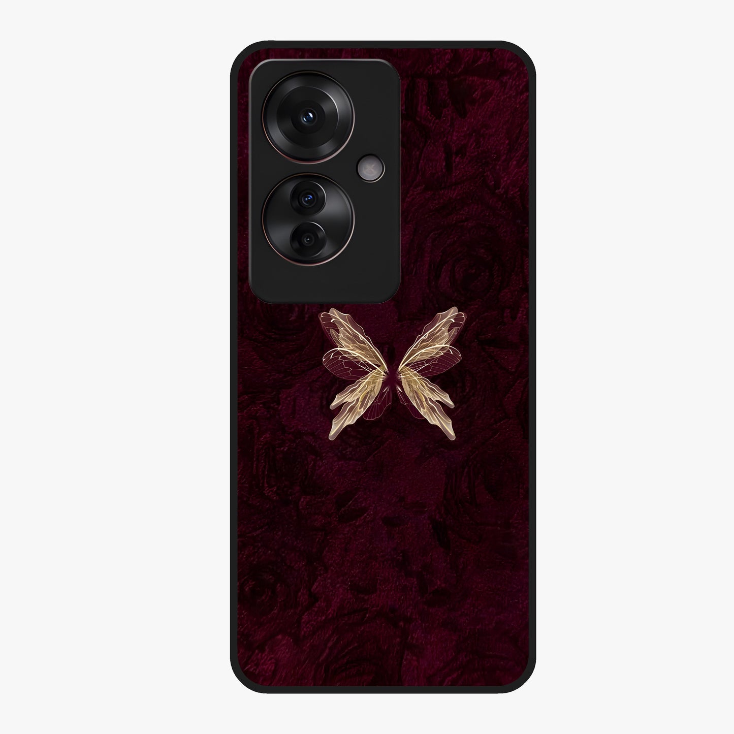 Crimson Fade Butterfly Glass Case showing flat back view with fading butterfly artwork and glossy glass finish.