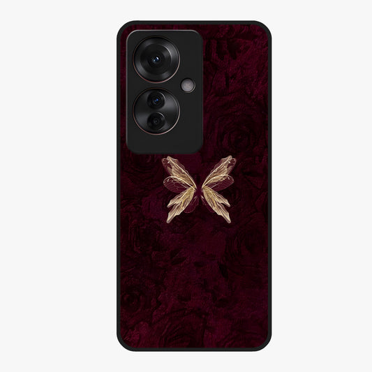 Crimson Fade Butterfly Glass Case showing flat back view with fading butterfly artwork and glossy glass finish.