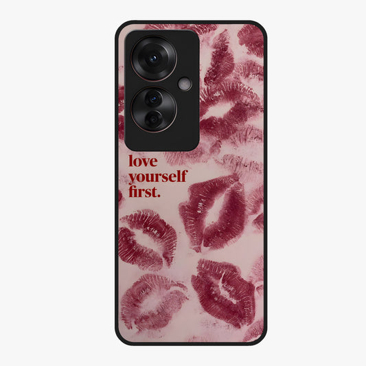 Crimson Kiss Love Glass Case showing flat back view with romantic crimson themed artwork and glossy glass finish.