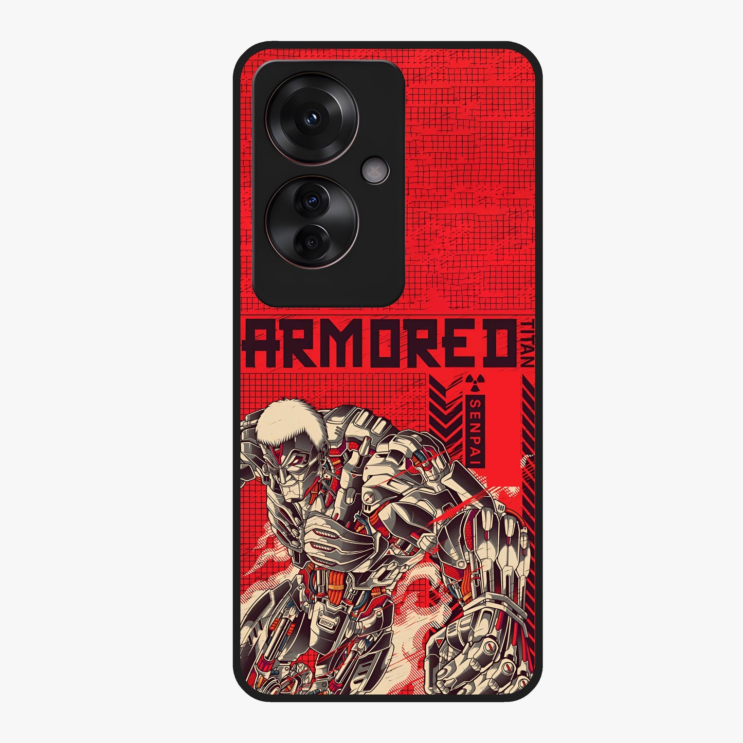 Crimson Mecha Titan Glass Case showing flat back view with powerful mech titan artwork and glossy glass finish.