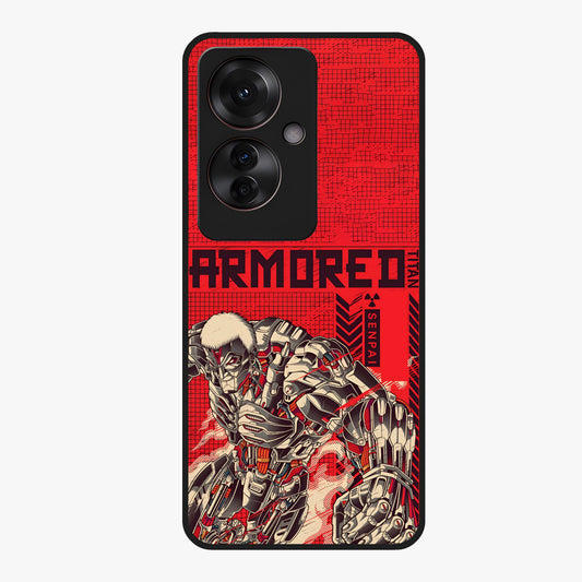 Crimson Mecha Titan Glass Case showing flat back view with powerful mech titan artwork and glossy glass finish.