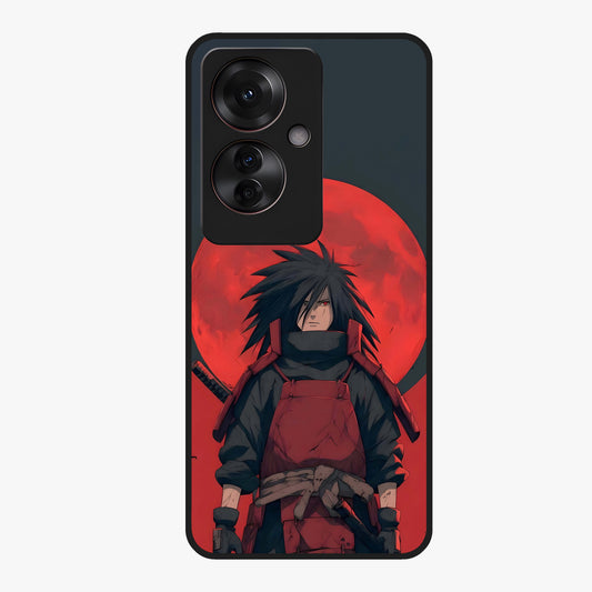 Crimson Moon Warlord Glass Case showing flat back view with mystical moon warrior artwork and glossy glass finish.