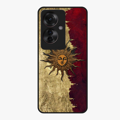 Crimson Sun Majesty Glass Case showing flat back view with radiant sun inspired artwork and glossy glass finish.