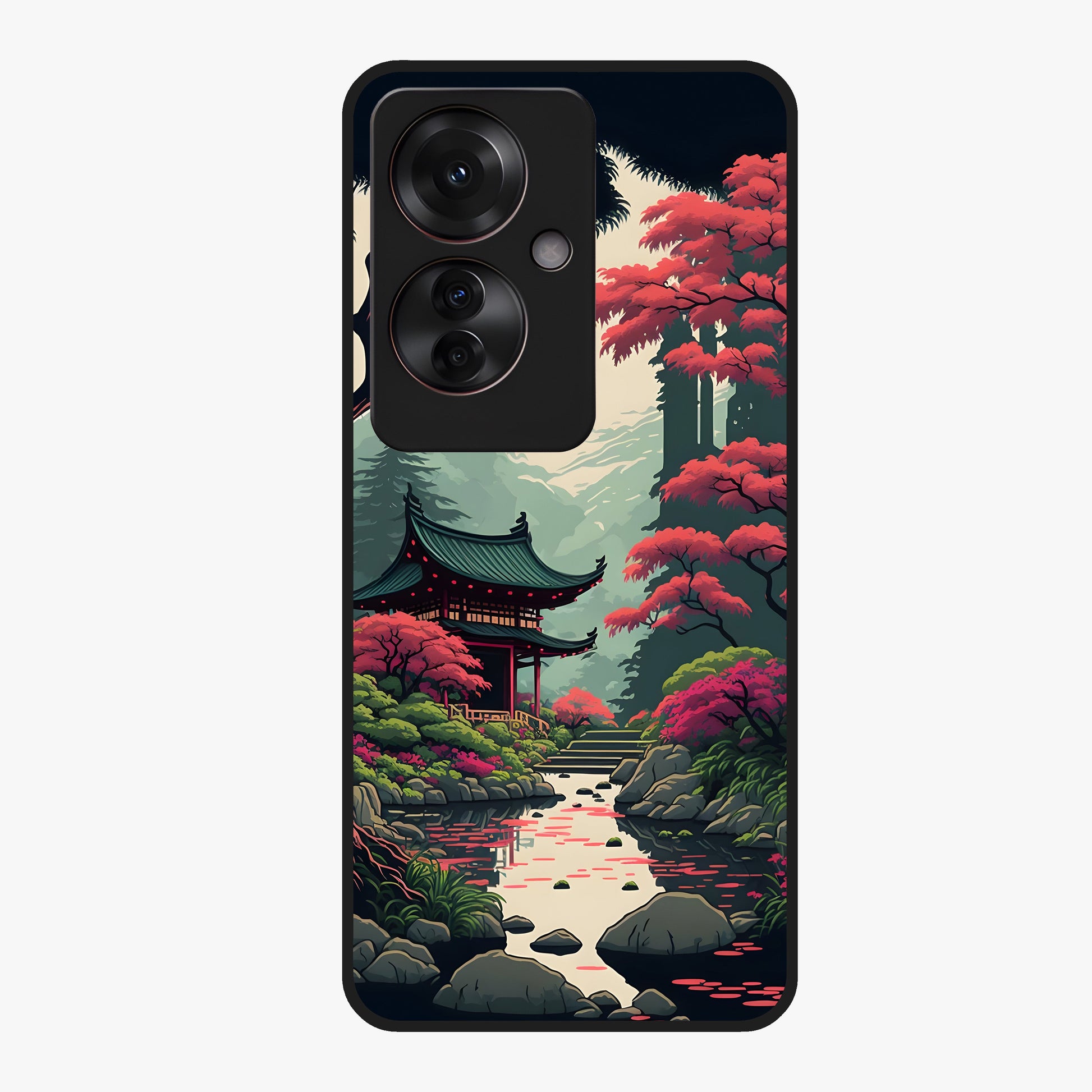 Crimson Temple View Glass Case showing flat back view with temple inspired artwork and glossy glass finish.