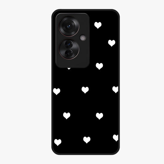 Cute And Simple White Hearts Glass Case showing flat back view with minimal white heart pattern and glossy glass finish.