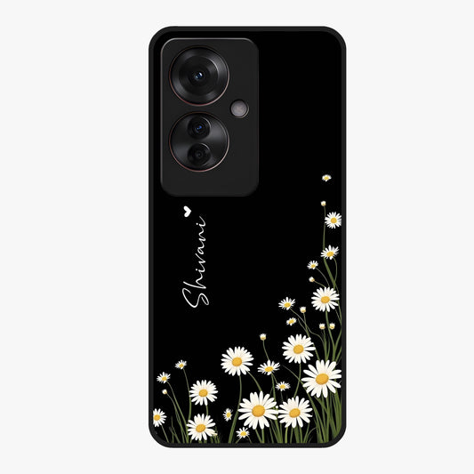Daisy Cascade Custom Name Glass Case showing flat back view with cascading daisy flowers and personalized name design.