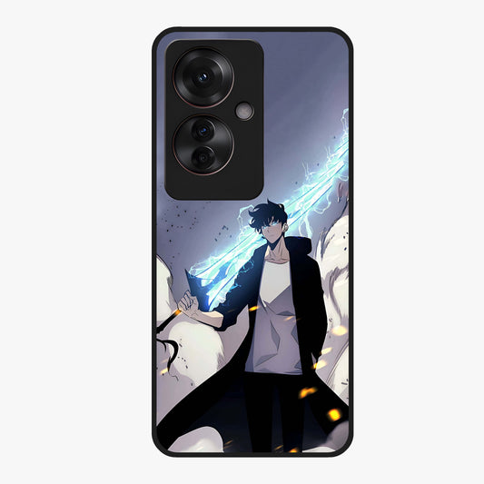 Dark Lightning Anime Warrior Glass Case showing flat back view with intense anime warrior artwork and glossy glass finish.