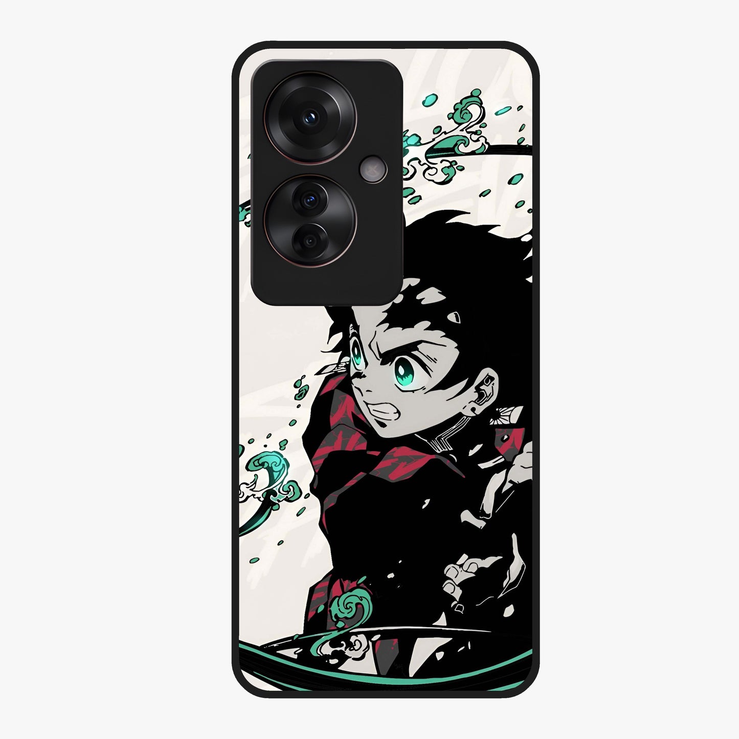 Demon Slayer Glass Case showing flat back view with bold anime inspired artwork and glossy glass finish.