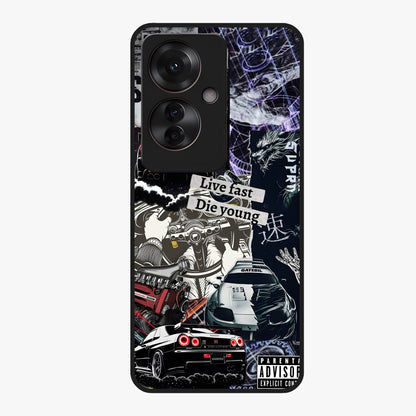 Die Young Glass Case showing flat back view with bold artistic typography design and glossy glass finish.