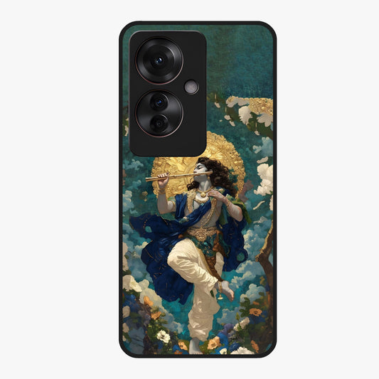 Divine Krishna Art Glass Case showing flat back view with Lord Krishna artwork and glossy glass finish.