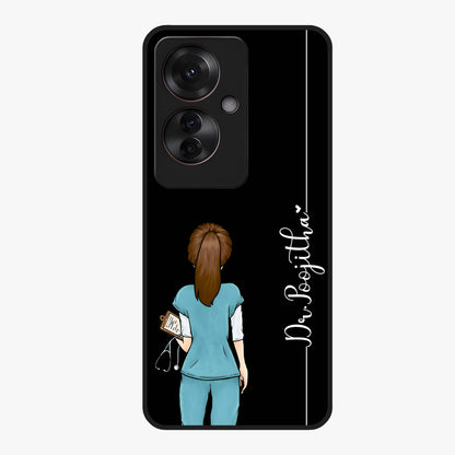 Doctor Pattern Custom Name Glass Case showing flat back view with medical themed pattern and personalized name design.