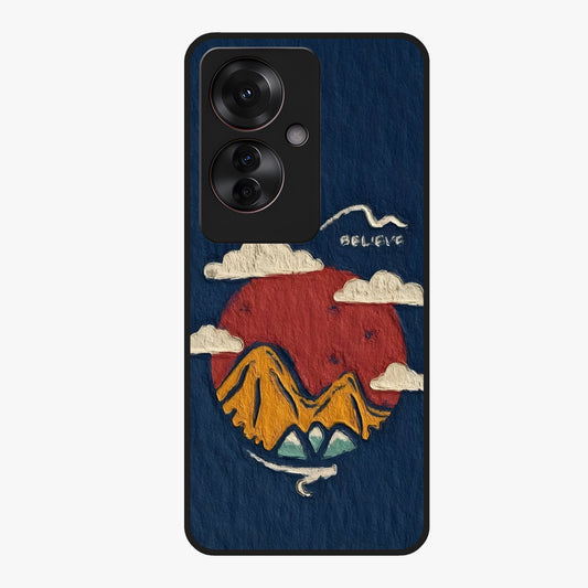 Dream Beyond Mountains Glass Case showing flat back view with scenic mountain landscape artwork and glossy glass finish.