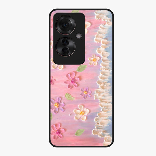 Dreamy Painted Garden Glass Case showing flat back view with artistic painted floral garden artwork and glossy glass finish.