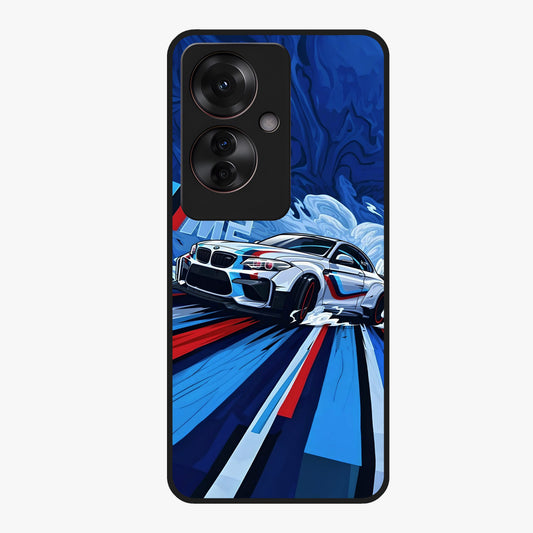Drift Power Rush Glass Case showing flat back view with dynamic racing inspired artwork and glossy glass finish.
