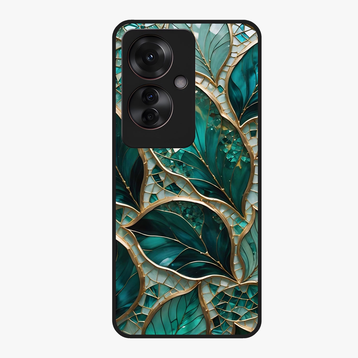 Emerald Leaf Glass Glass Case showing flat back view with emerald green leaf artwork and glossy glass finish.