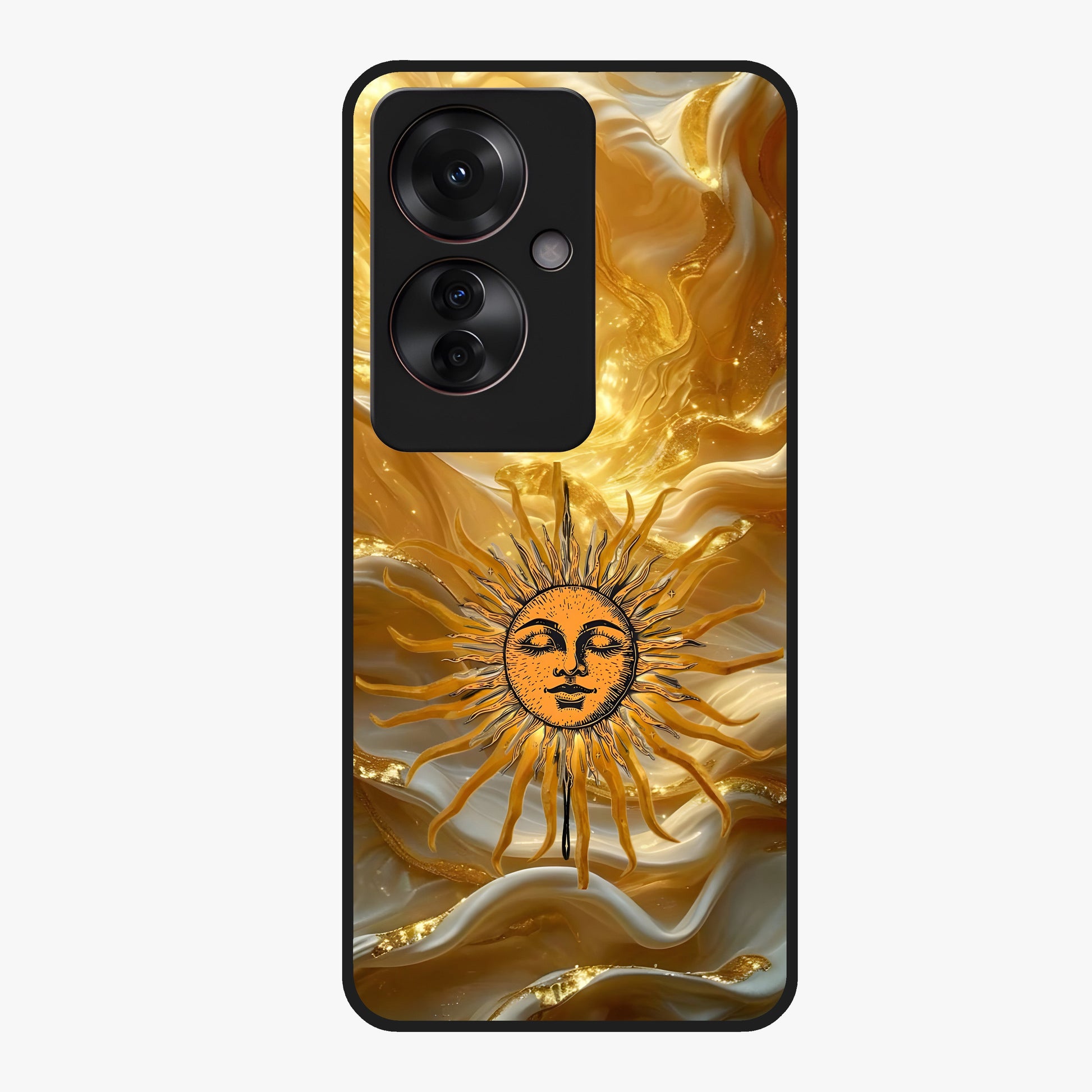 Eternal Golden Glow Glass Case showing flat back view with radiant golden themed artwork and glossy glass finish.