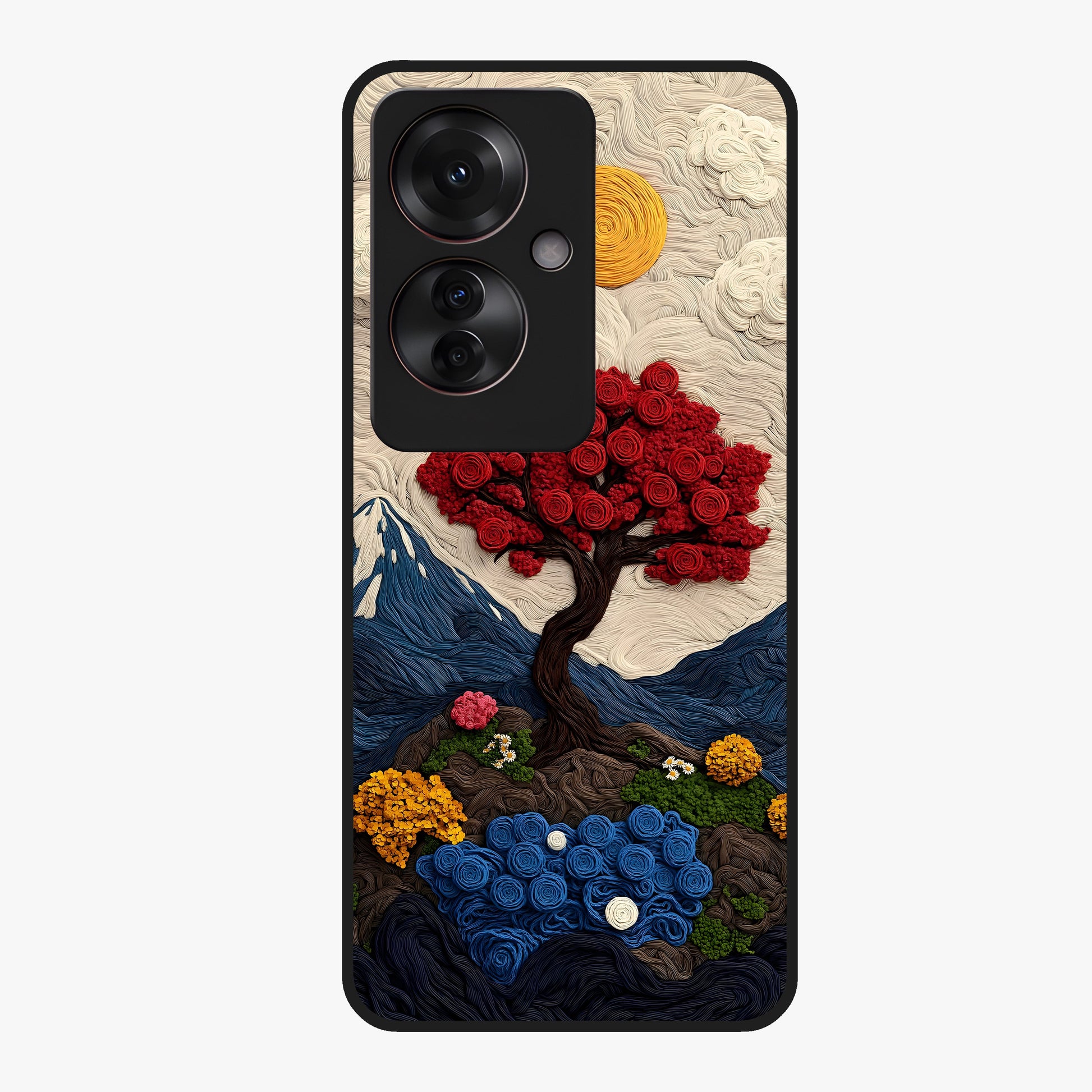 Eternal Nature Tapestry Glass Case showing flat back view with intricate nature tapestry artwork and glossy glass finish.