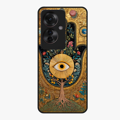 Ethereal Evil Eye Glass Case showing flat back view with mystical evil eye artwork and glossy glass finish.