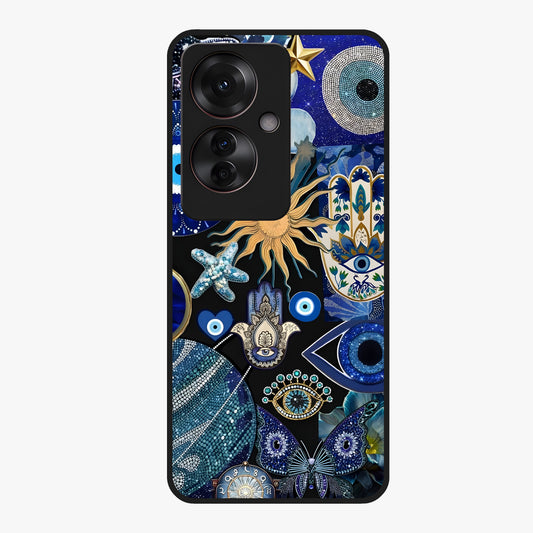 Evil Eye Charm Mix Glass Case showing flat back view with multiple evil eye charms artwork and glossy glass finish.