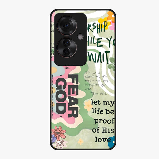 Faith Over Fear Glass Case showing flat back view with motivational typography artwork and glossy glass finish.