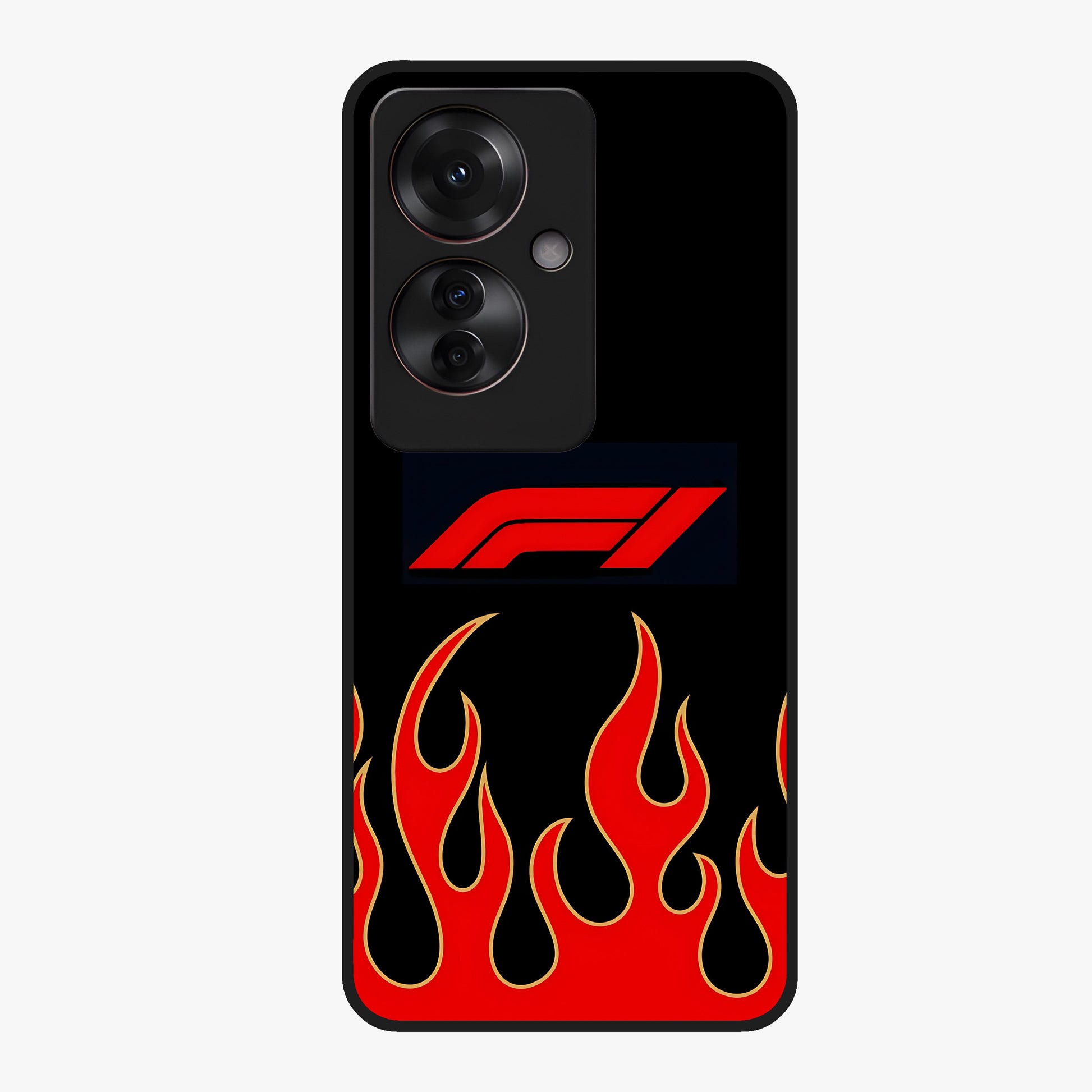 Fire F11 Glass Case showing flat back view with fiery themed artwork and glossy glass finish.