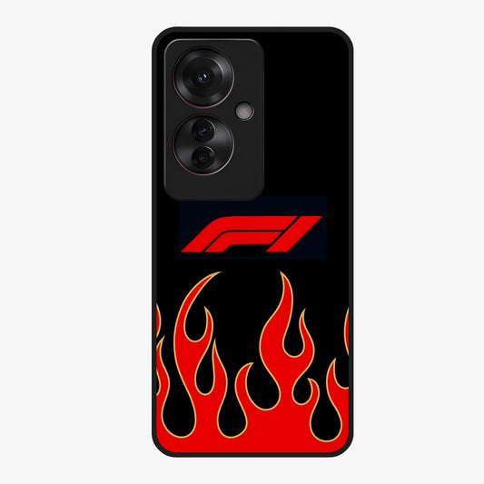 Fire F11 Glass Case showing flat back view with fiery themed artwork and glossy glass finish.