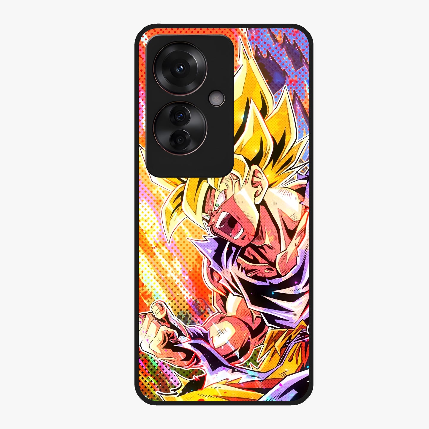 Firing Goku Glass Case showing flat back view with powerful anime inspired artwork and glossy glass finish.