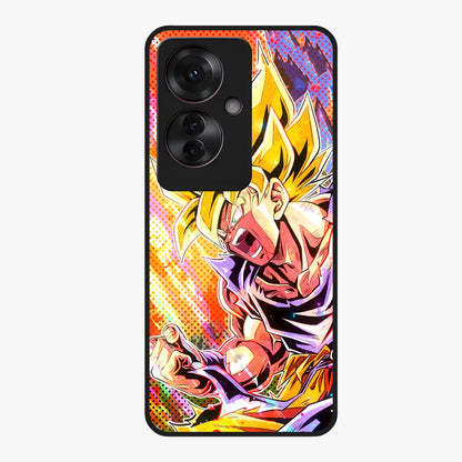 Firing Goku Glass Case showing flat back view with powerful anime inspired artwork and glossy glass finish.