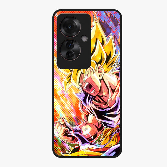 Firing Goku Glass Case showing flat back view with powerful anime inspired artwork and glossy glass finish.