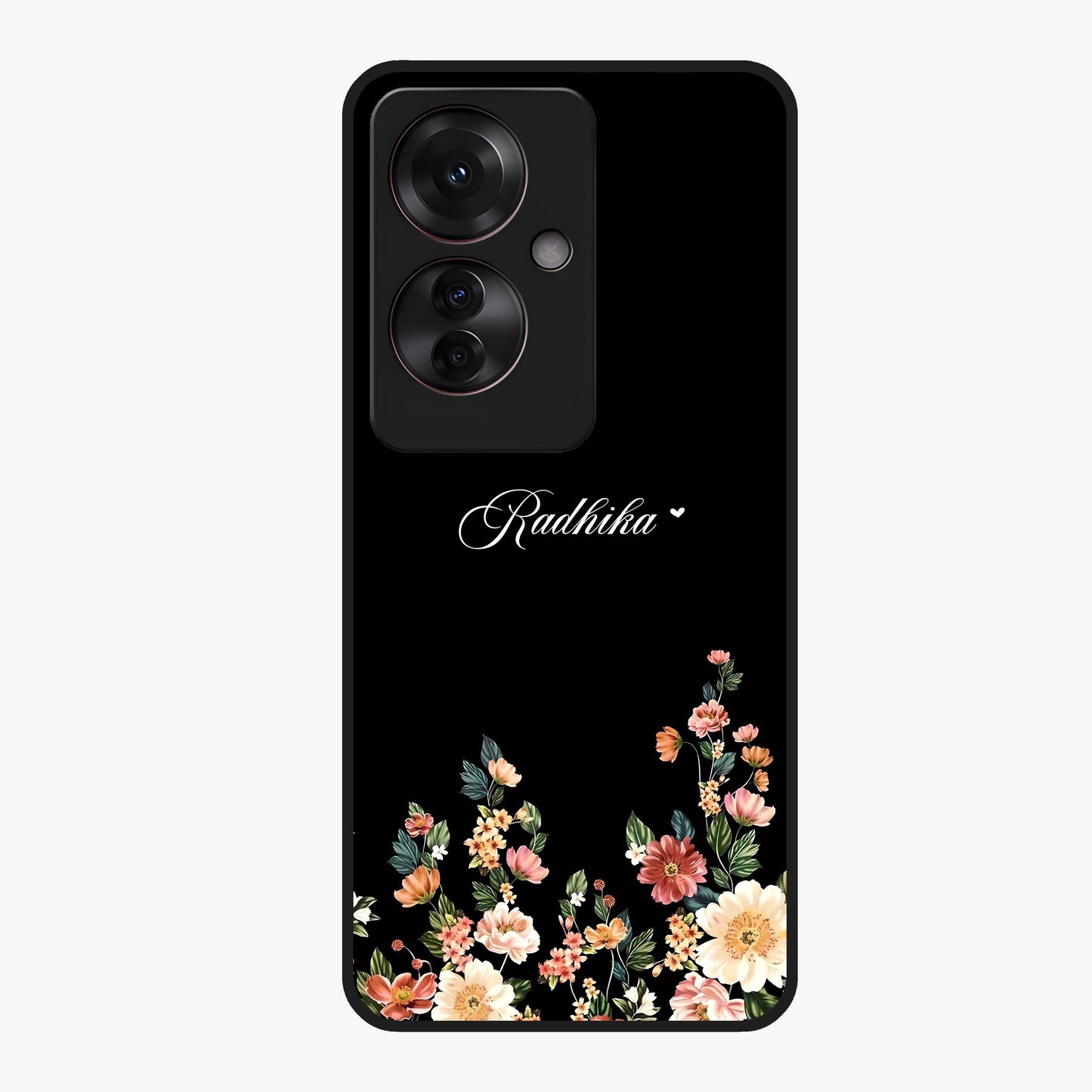 Floral Design With a Custom Personalized Name Glass Case showing flat back view with floral artwork and personalized name design.