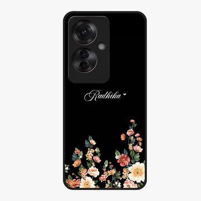 Floral Design With a Custom Personalized Name Glass Case showing flat back view with floral artwork and personalized name design.
