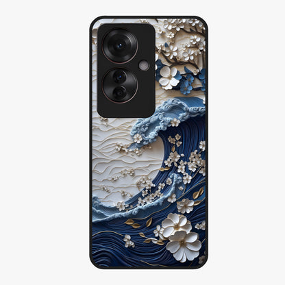 Floral Wave Origami Glass Case showing flat back view with origami inspired floral wave artwork and glossy glass finish.