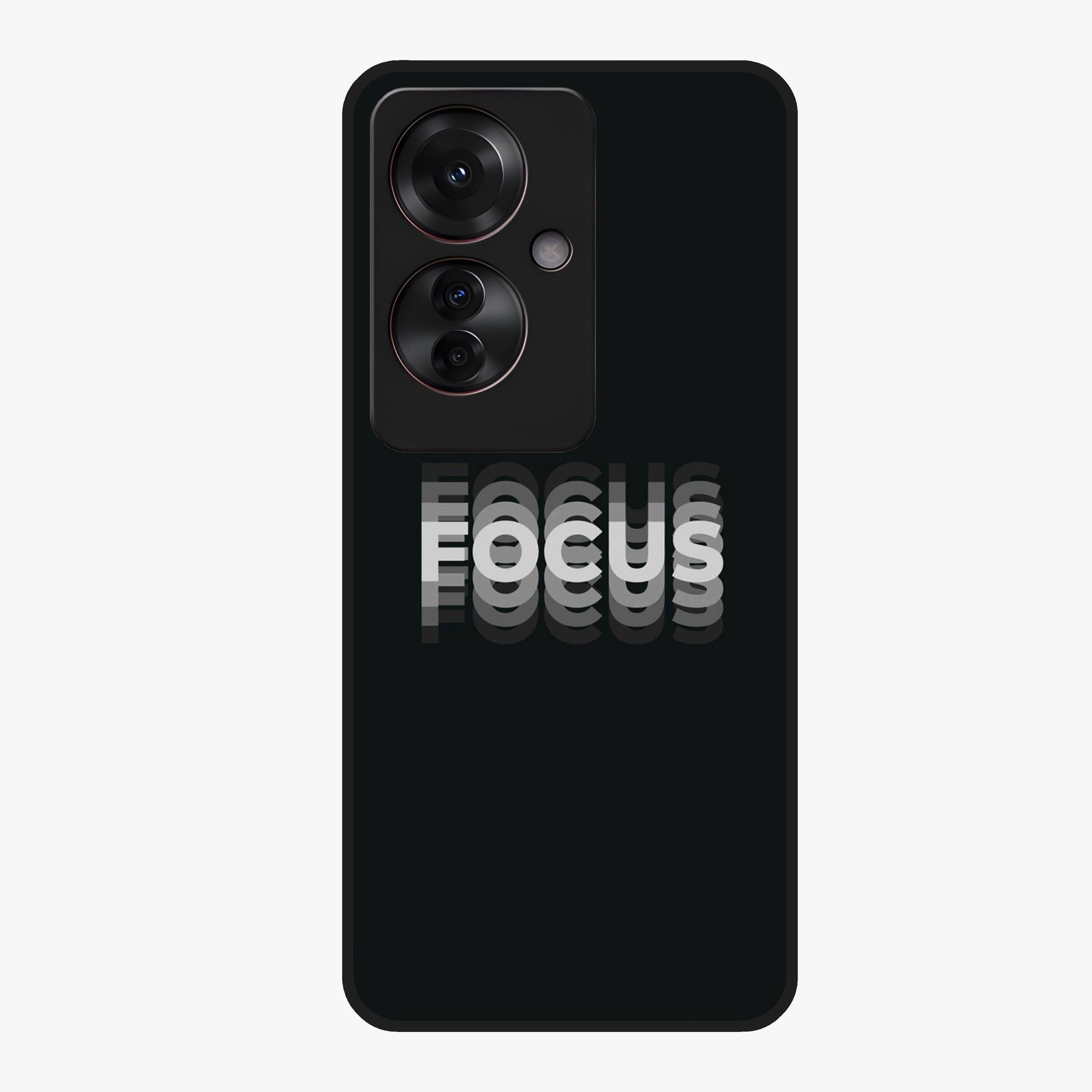 Focus Mode On Glass Case showing flat back view with bold motivational typography design and glossy glass finish.