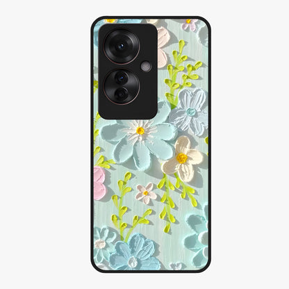 Frosted Petal Garden Glass Case showing flat back view with soft frosted floral artwork and glossy glass finish.