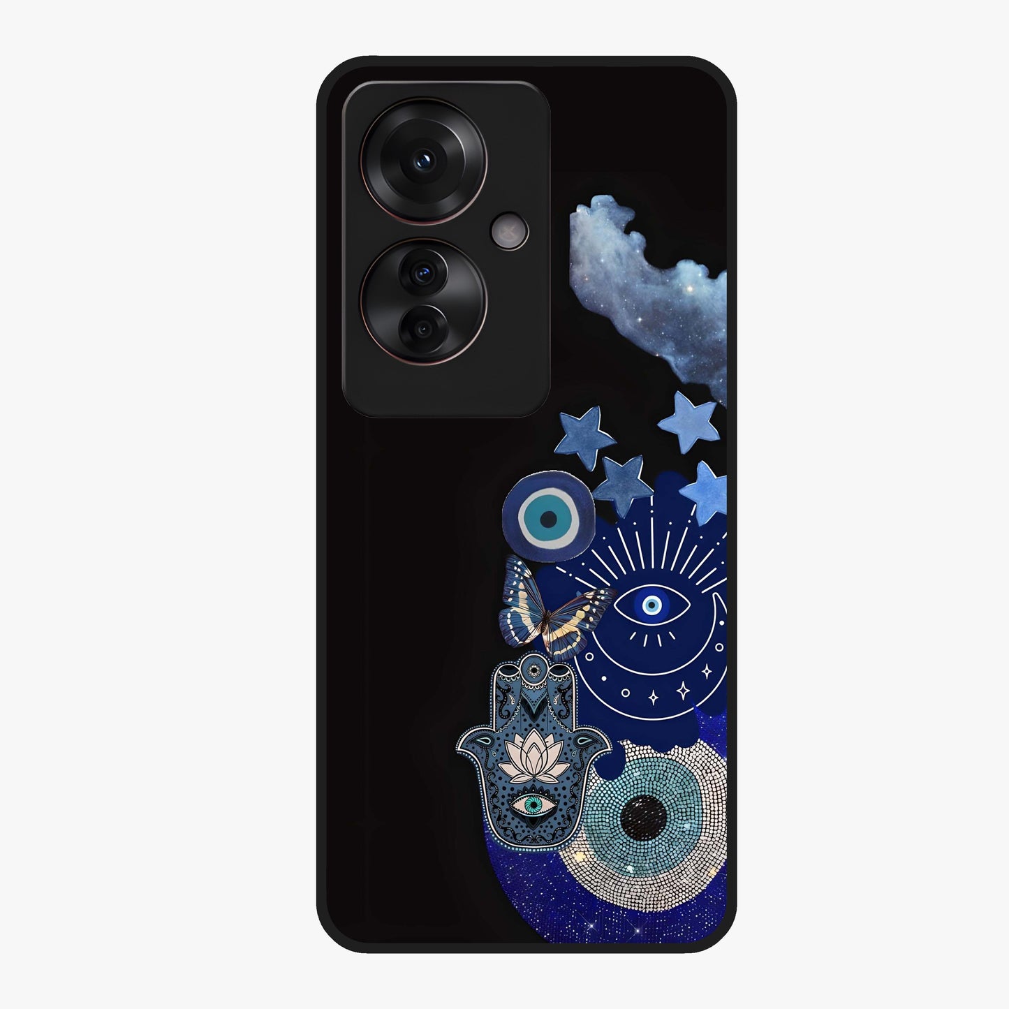 Galactic Charm Cluster Glass Case showing flat back view with glowing celestial charm artwork and glossy glass finish.