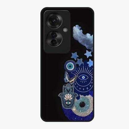 Galactic Charm Cluster Glass Case showing flat back view with glowing celestial charm artwork and glossy glass finish.