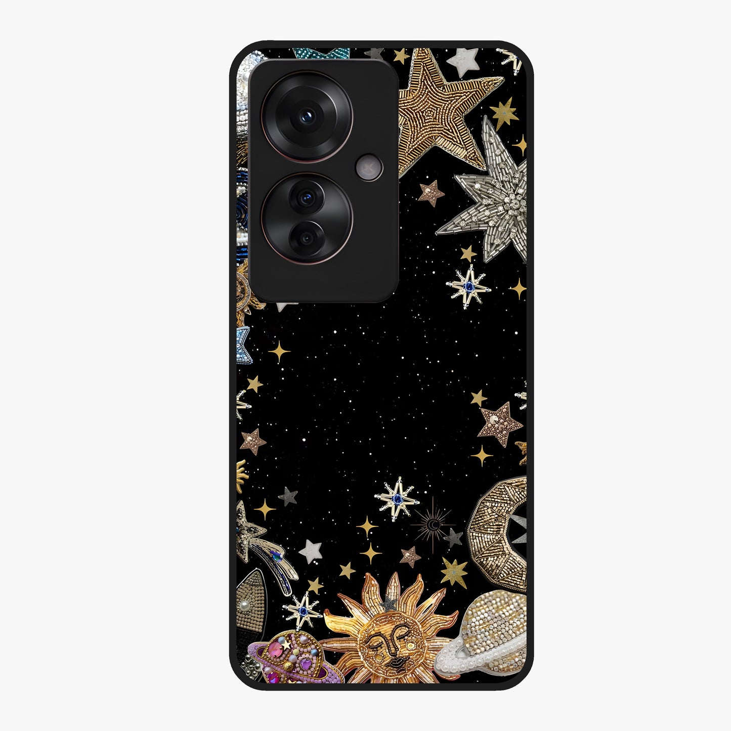 Galactic Jewel Stars Glass Case showing flat back view with sparkling star jewel artwork and glossy glass finish.