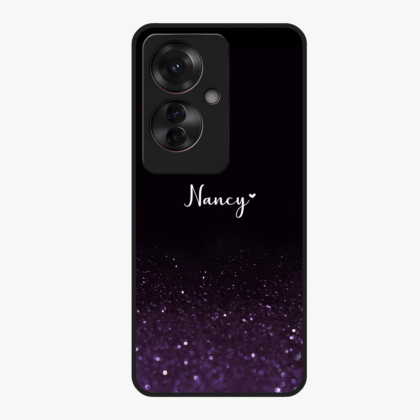 Glittery Purple Bokeh Custom Name Glass Case showing flat back view with purple bokeh sparkle artwork and personalized name design.