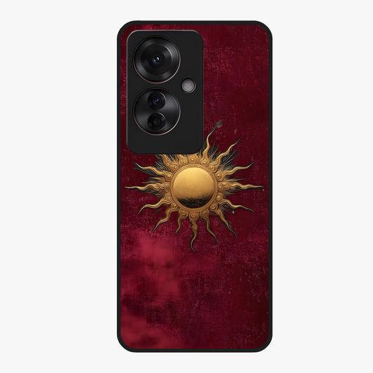 Gold Sun Blush Glass Case showing flat back view with golden sun inspired artwork and glossy glass finish.