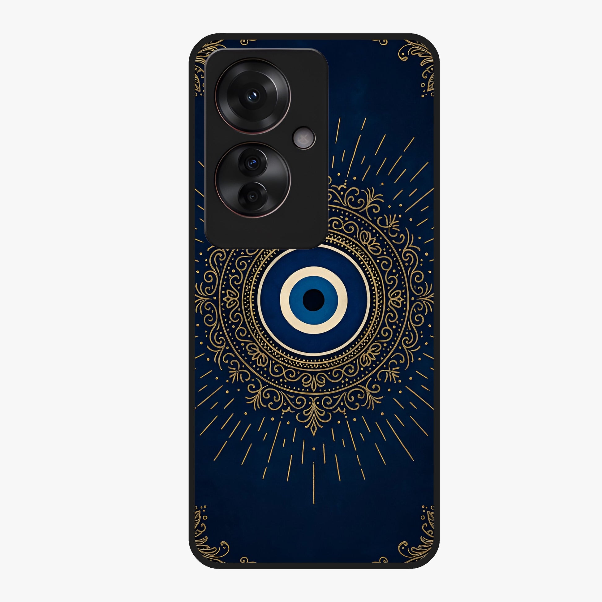 Golden Evil Eye Mandala Glass Case showing flat back view with intricate evil eye mandala artwork and glossy glass finish.