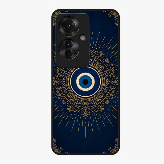 Golden Evil Eye Mandala Glass Case showing flat back view with intricate evil eye mandala artwork and glossy glass finish.