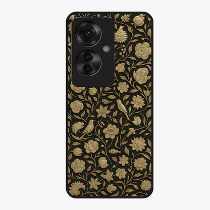 Golden Floral Majesty Glass Case showing flat back view with luxurious golden floral artwork and glossy glass finish.