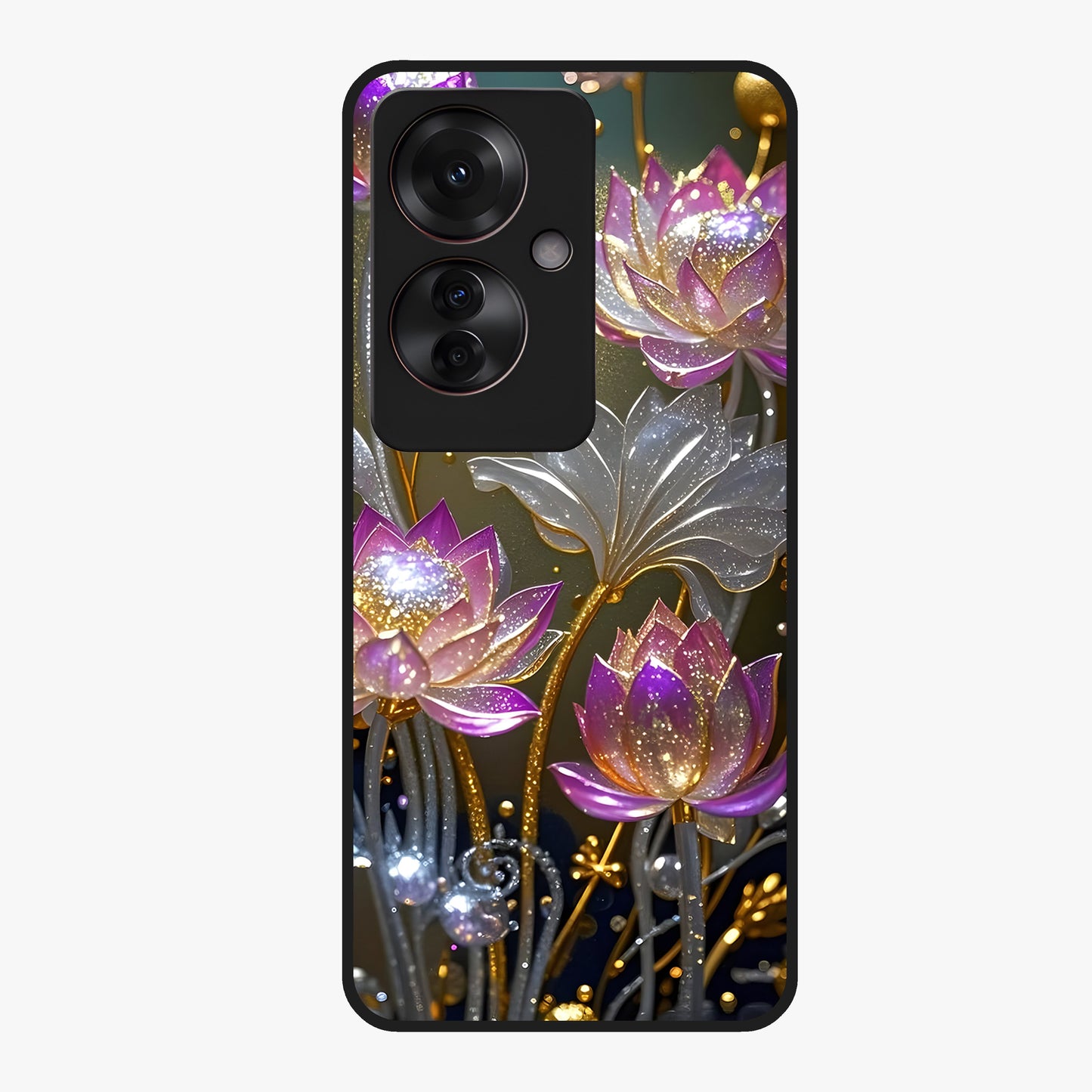 Golden Lotus Glow Glass Case showing flat back view with glowing lotus flower artwork and glossy glass finish.
