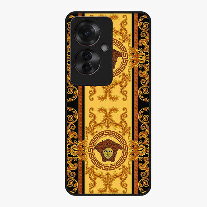 Golden Royal Heritage Glass Case showing flat back view with ornate royal pattern artwork and glossy glass finish.