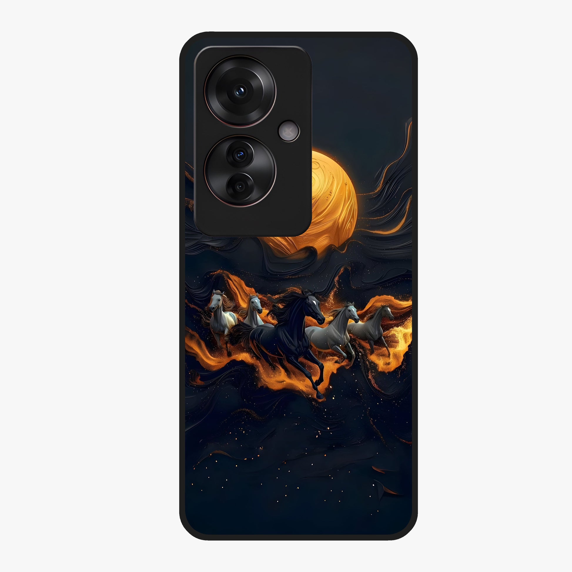 Golden Stallion Moonride Glass Case showing flat back view with majestic horse under moonlight artwork and glossy glass finish.
